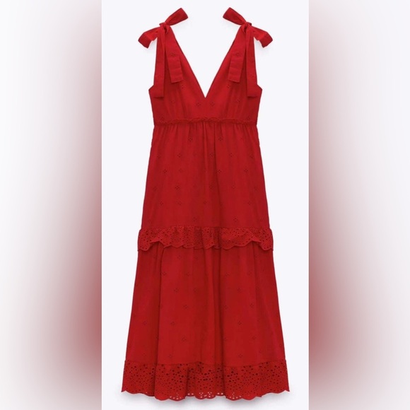 Zara Red Tiered Ruffled Maxi Dress for Wedding Guest - Picture 10 of 11